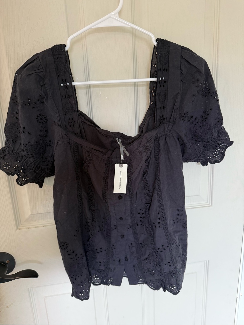 Anthropologie Embroidered Puff Sleeve Blouse - Black